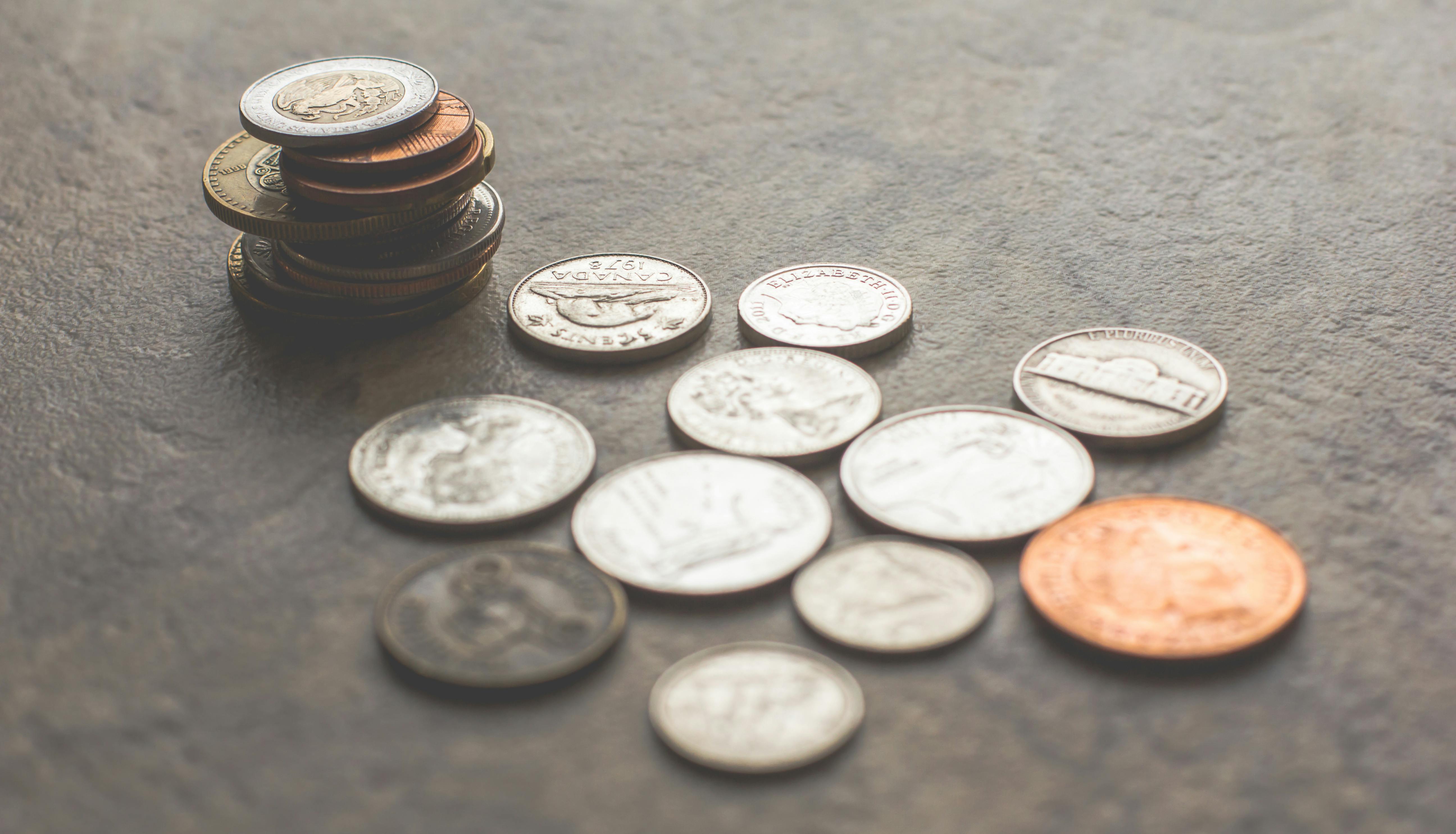 Coins laying on a table